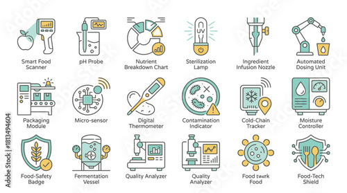 Modern icons displaying innovative food technology and quality control processes for food safety and advanced industry applications, originally a scalable vector graphic