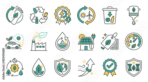 Sustainable living icon set promoting renewable energy, waste reduction, and eco-friendly practices for a greener future, originally created as a scalable vector graphic