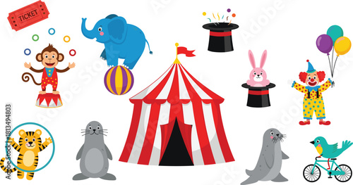 Circus cartoon character set, colorful performance animals and acts, festive tent and props, playful entertainment theme, flat vector illustration
