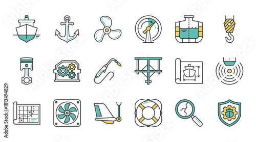 Marine engineering icons showcase ship design, maintenance, and propulsion, useful for maritime industry presentations, naval engineering projects, and educational materials