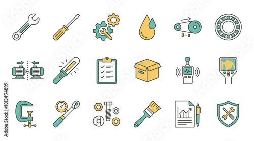 Essential tools and instruments for industrial maintenance and repair, presented in a modern flat design, showcasing precision and reliability for engineering success