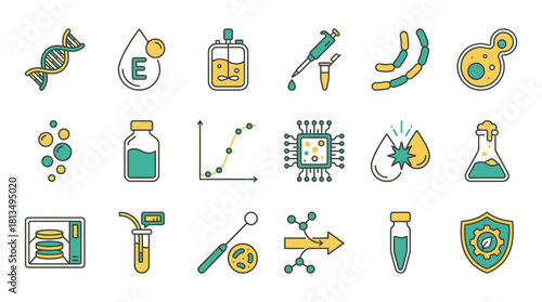 Explore innovative biotech research icons for modern science projects, perfect for medical illustrations, scientific publications, and cutting-edge pharmaceutical designs.