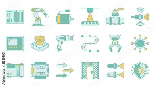 Streamlined automation icons showcasing robotics, barcoding, server technology, valves, sensors, and security systems for advanced factory solutions