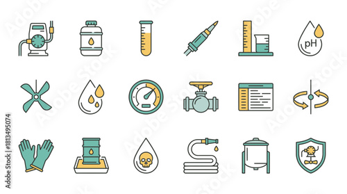 Explore industrial safety equipment and chemical processes with this collection of icons, perfect for safety manuals, lab guides, and educational materials