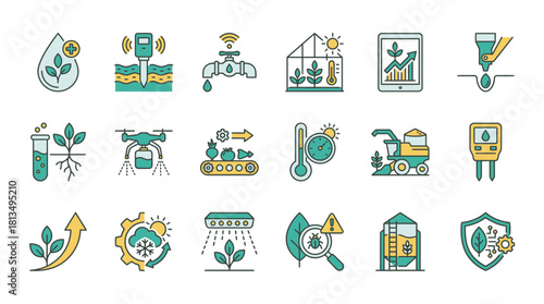 Modern smart farming icons showing precision agriculture and innovative technologies for sustainable crop production, offering solutions for improving food security