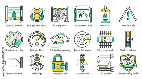 Essential industrial safety icons, showcasing hazard warnings, protective equipment, and robotic safety measures for a secure workplace environment and risk management solutions
