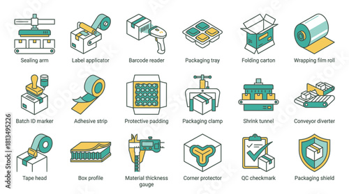 Streamline your shipping operations with these modern packaging process icons, enhancing efficiency and product safety for global ecommerce ventures
