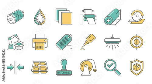 Optimize your manufacturing processes with this icon set, automation, packaging, printing, materials, cutting, and quality control themes for modern industry solutions