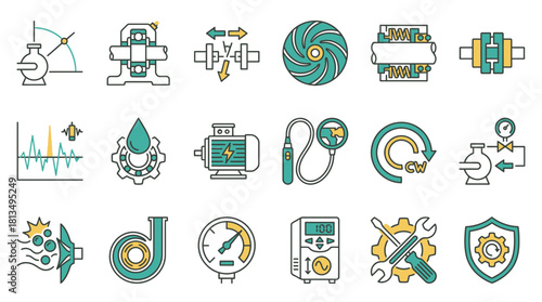 Explore vibrant icons depicting industrial equipment and engineering processes for professional presentations and technical illustrations created from original scalable vector graphics