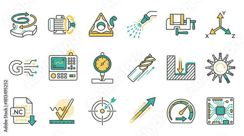 Precision engineering icons showcase industrial automation and manufacturing processes, highlighting CNC programming, quality control, and advanced machining expertise