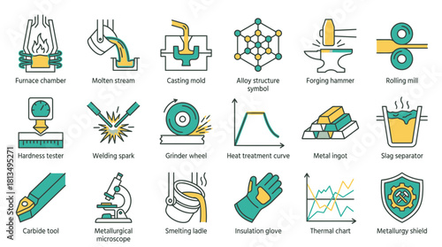 Modern metallurgy and metalworking icons showcase industrial processes like casting, forging, welding, smelting, and material testing for engineering design needs