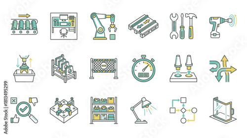 Streamline your manufacturing process with these modern automation icons, perfect for illustrating efficiency, quality control, and innovation in industrial design and operations