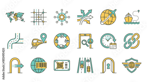 Streamlined global logistics icons depicting supply chain management, transportation, distribution networks and worldwide delivery solutions, originally a scalable graphic