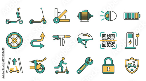Explore e-scooter icons highlighting sustainable transport, safety gear, charging, and maintenance, ideal for promoting eco-friendly urban mobility solutions