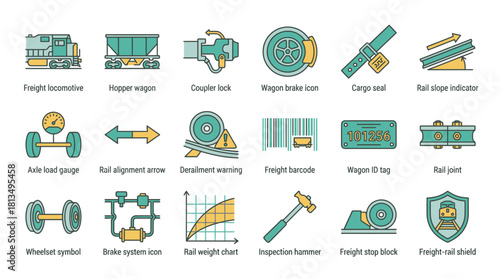 Essential railroad infrastructure and maintenance icons for efficient logistics, train safety equipment visuals showcasing freight transport technology, rail design