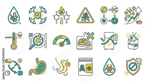 Explore food safety hazards and bacteria growth with these modern icons, visualize health risks and prevention, perfect for educational materials or food industry guidelines
