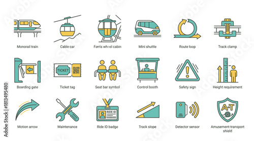 Explore vibrant amusement park icons for exciting rides, safety measures, and transportation details, perfect for tourism and entertainment designs