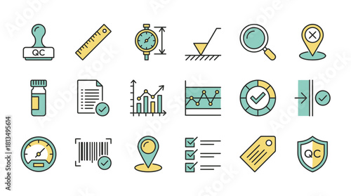 Streamline your projects with these quality control icons, perfect for presentations, websites, and reports focused on efficiency and process optimization