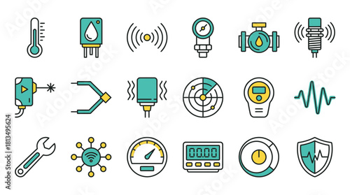 Sensing the Future: Modern Vector Icon Set for Sensors, Data, and Industrial Technology, Perfect for Infographics, Presentations, and Web Design with Innovative Style