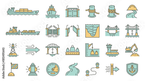 Explore maritime icons, from cargo ships to lighthouses, perfect for logistics, transport, and nautical themes, ideal for web design, infographics, and educational materials