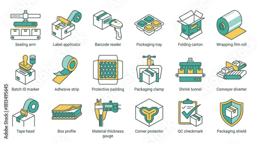 Streamline Your Supply Chain with these Production and Packaging Process Icons, perfect for illustrating efficiency and quality control in a professional presentation