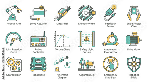 Explore industrial automation components including robotic arms, servo actuators, and safety light curtains for modern manufacturing and engineering projects, scalable vector
