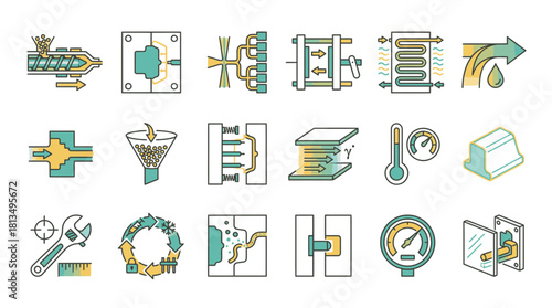 Modern engineering icons showcase plastic molding process, ideal for industrial design explainers and manufacturing visuals about modern injection techniques with automation