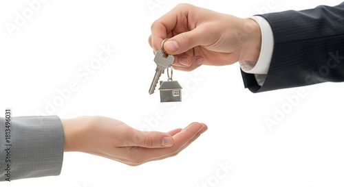 Business hands passing house keys to client agent delivering property ownership