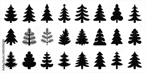 Set of 24 Black Silhouette Icons of Christmas Trees and Pine Trees Keywords: christmas, tree, trees, pine, fir, spruce