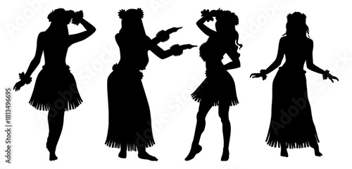 Flat design hawaiian girl silhouette. Hawaiian hula girl dancer action silhouette