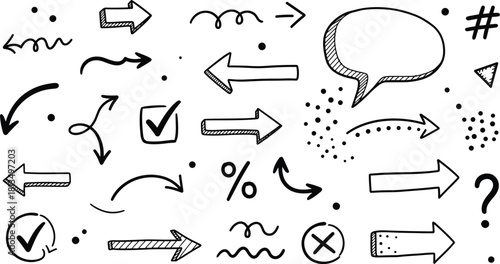 Hand drawn arrows, check marks, symbols, question mark, hashtag, speech bubble, triangle, sketch elements, flat vector illustration