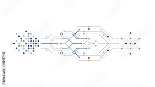 Abstract visualization of data transformation process, showing raw input dots flowing through complex network into structured neural network machine learning model