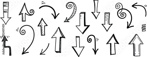 Hand drawn arrows, sketch style, curved, spiral, zigzag, directional icons, motion lines, decorative arrows, vector set, isolated, flat vector illustration