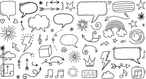 Hand-drawn doodle icons, sketchy speech bubbles, abstract arrows, musical notes, whimsical symbols, creative vector elements, flat vector illustration