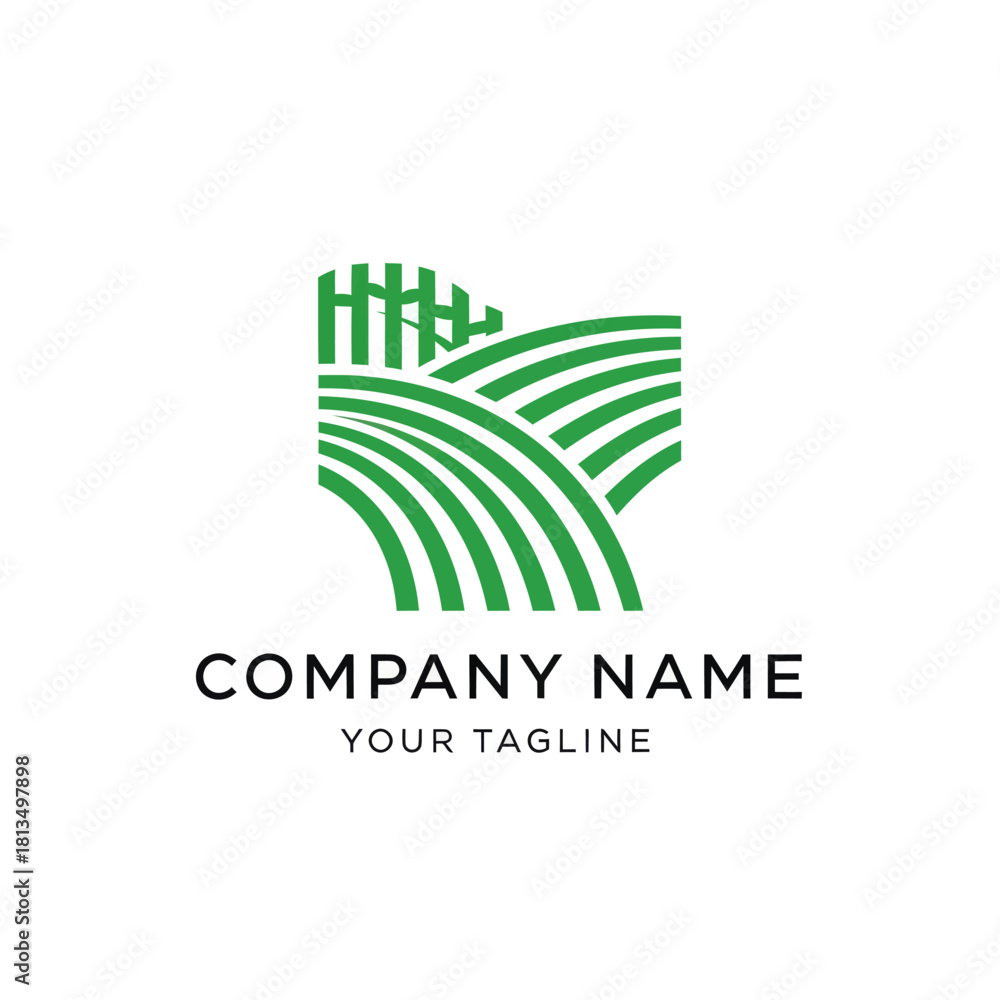 Fototapeta premium Abstract Green Field Logo Design with Wavy Lines and Fence Elements.