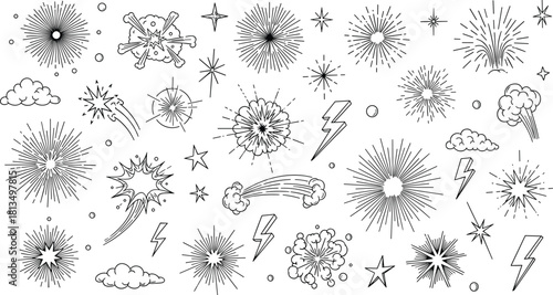 Collection of explosive comic effects including bursts, stars, lightning, smoke clouds, and dynamic energy elements for creative designs, flat vector illustration