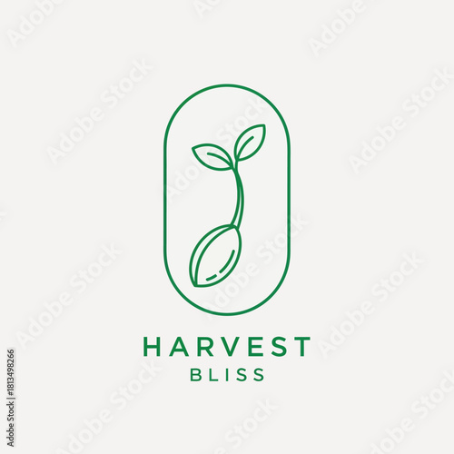 Minimalist green logo of a sprouting seed representing growth and harvest.