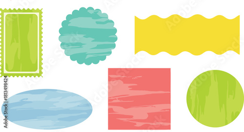 Colorful decorative shapes, wood texture icons, scalloped and wavy borders, geometric design elements, vibrant layout, flat vector illustration