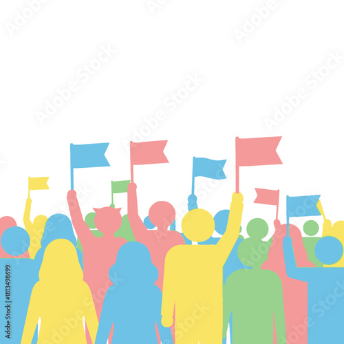 Crowd of people in silhouette holding flags, colorful demonstration or protest vector.