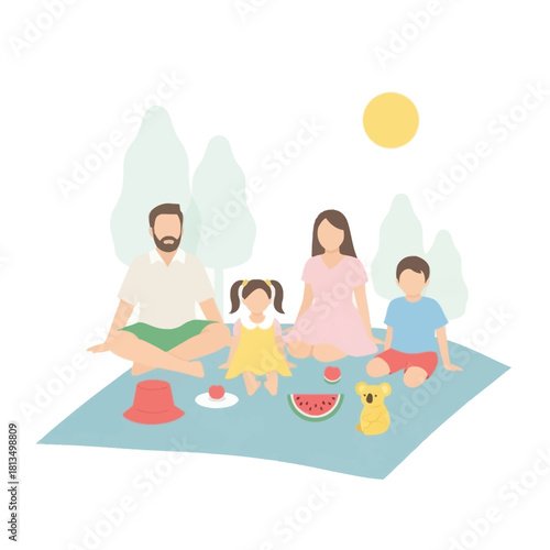 Happy family enjoying picnic outdoors with food, drink, and toy on a blanket.