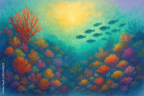 Fototapeta Naklejka Na Ścianę i Meble -  Underwater coral reef ecosystem teeming with vibrant marine life illuminated by soft golden sunlight creating a serene aquatic landscape rich in biodiversity and tranquility