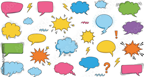Comic speech bubbles, colorful thought icons, expressive symbols, dynamic elements, cartoon punctuation, pop art style, flat vector illustration