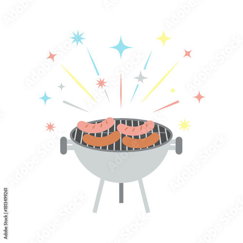 Grilled sausages on barbecue grill with colorful sparks. Summer picnic and cookout.
