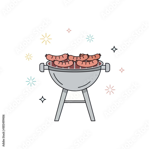 Sausages cooking on a barbecue grill with decorative stars. Outdoor cooking concept.