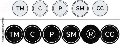 Trademark Copyright Patent Service Mark and Registered Symbols in Circles vector illustration
