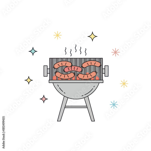 Grilled sausages on a barbecue grill with colorful starbursts on a white background.