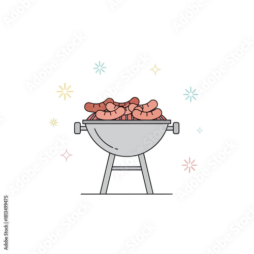Barbecue grill with sausages on white background. Cooking meat outdoors concept design.
