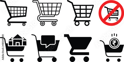 Shopping cart icon set. Shopping trolley in outline. Web cart in line. Shop symbol in black. Trolley icon. Stock vector illustration.A simple line art illustration of a shopping cart. 