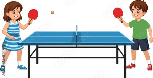 Children playing table tennis together, active game scene, sports activity, indoor fun, paddle and ball, flat vector illustration