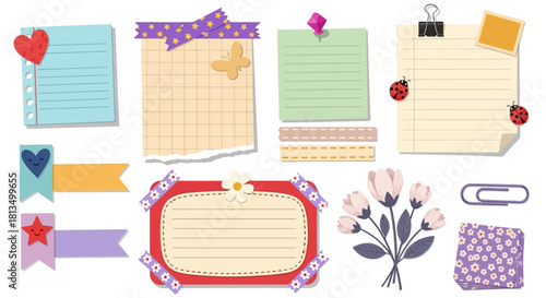 A charming vector collection of scrapbooking elements featuring paper notes, washi tape, stickers, and floral decorations for journaling